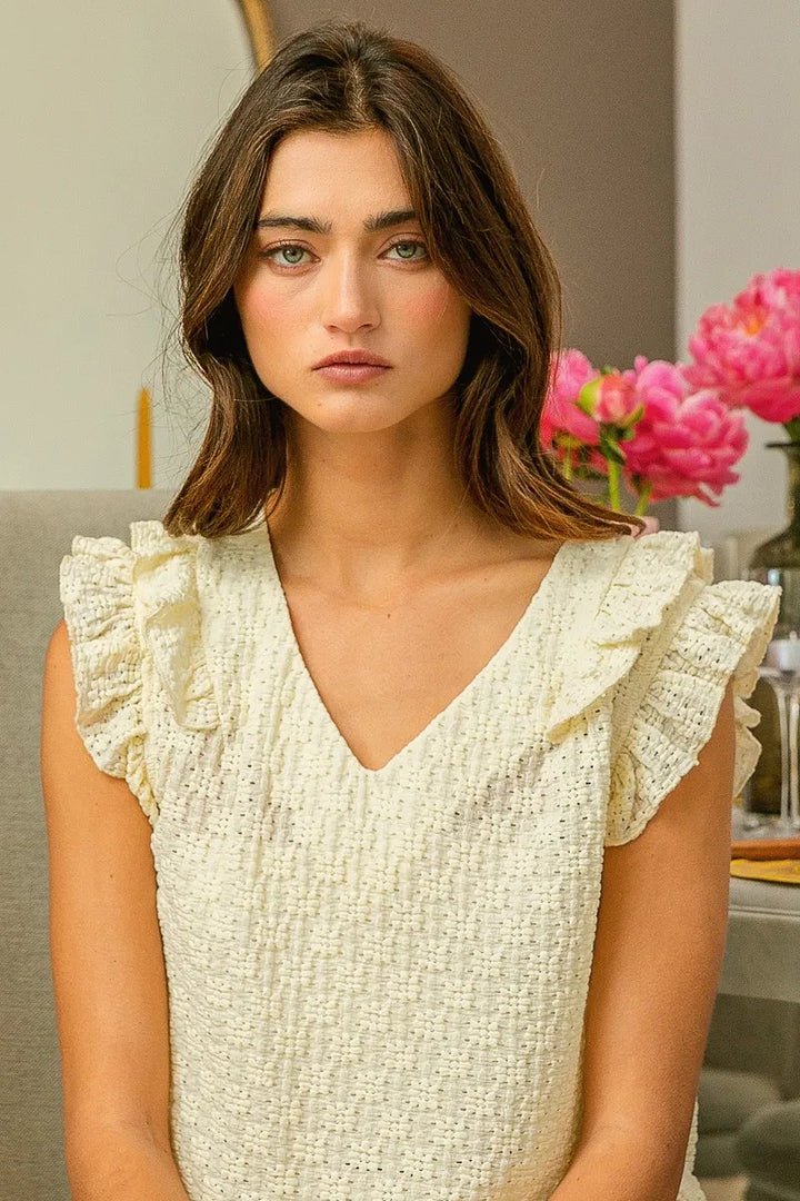 Cream Bibi Floral Ruffled Armhole V Neck Top