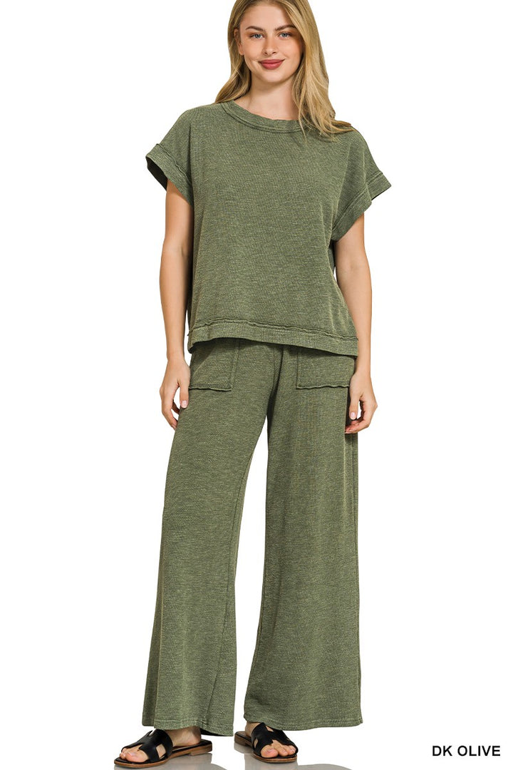 Dk Olive Zenana Washed Slub Short Sleeve Tee Long Pants Set