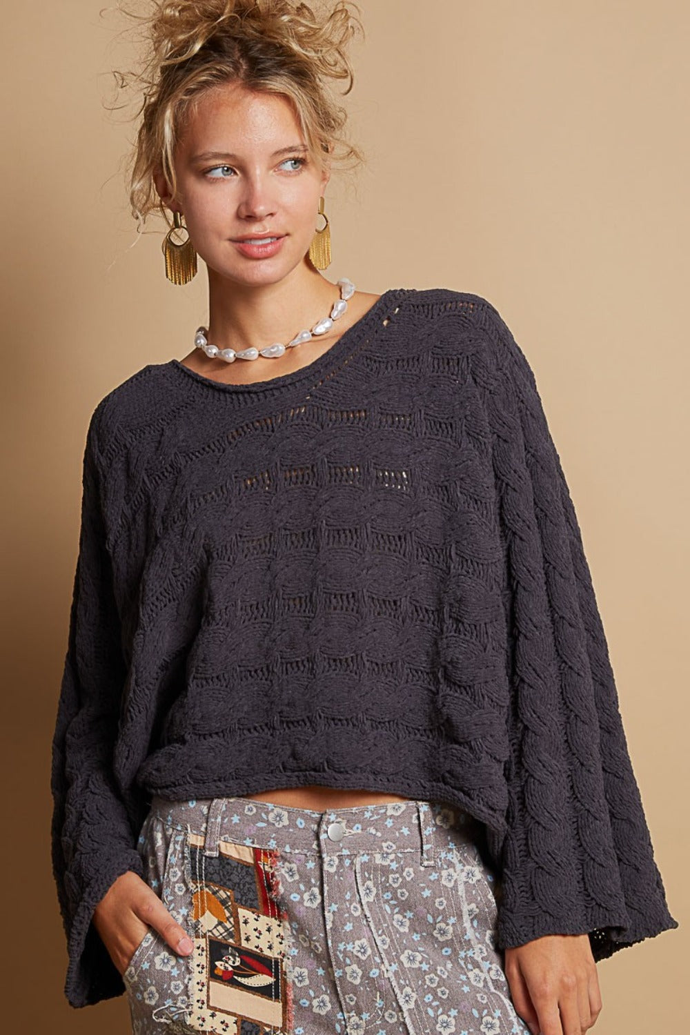 Charcoal Pol Round Neck Cable Knit Cropped Sweater