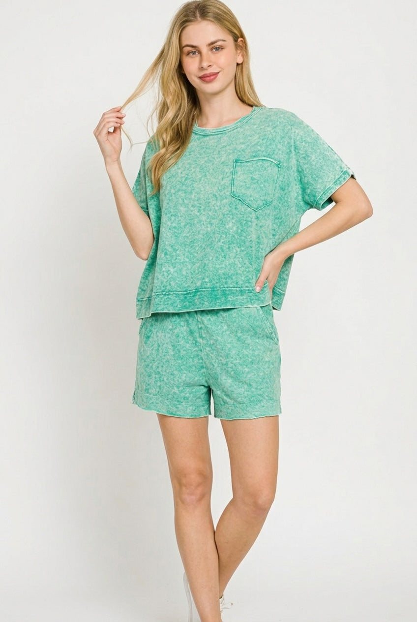 K Green Zenana Halo Snow Washed Boxy Top Shorts Set