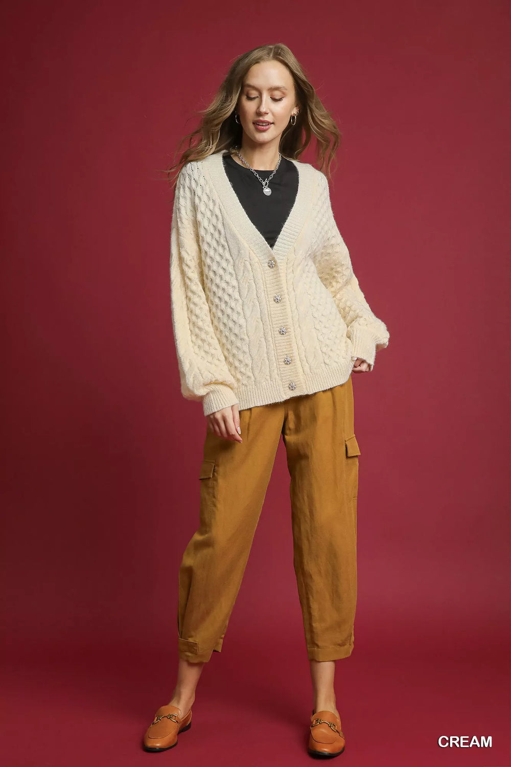 Cream Umgee Cable Knit Pearl Button Cardigan