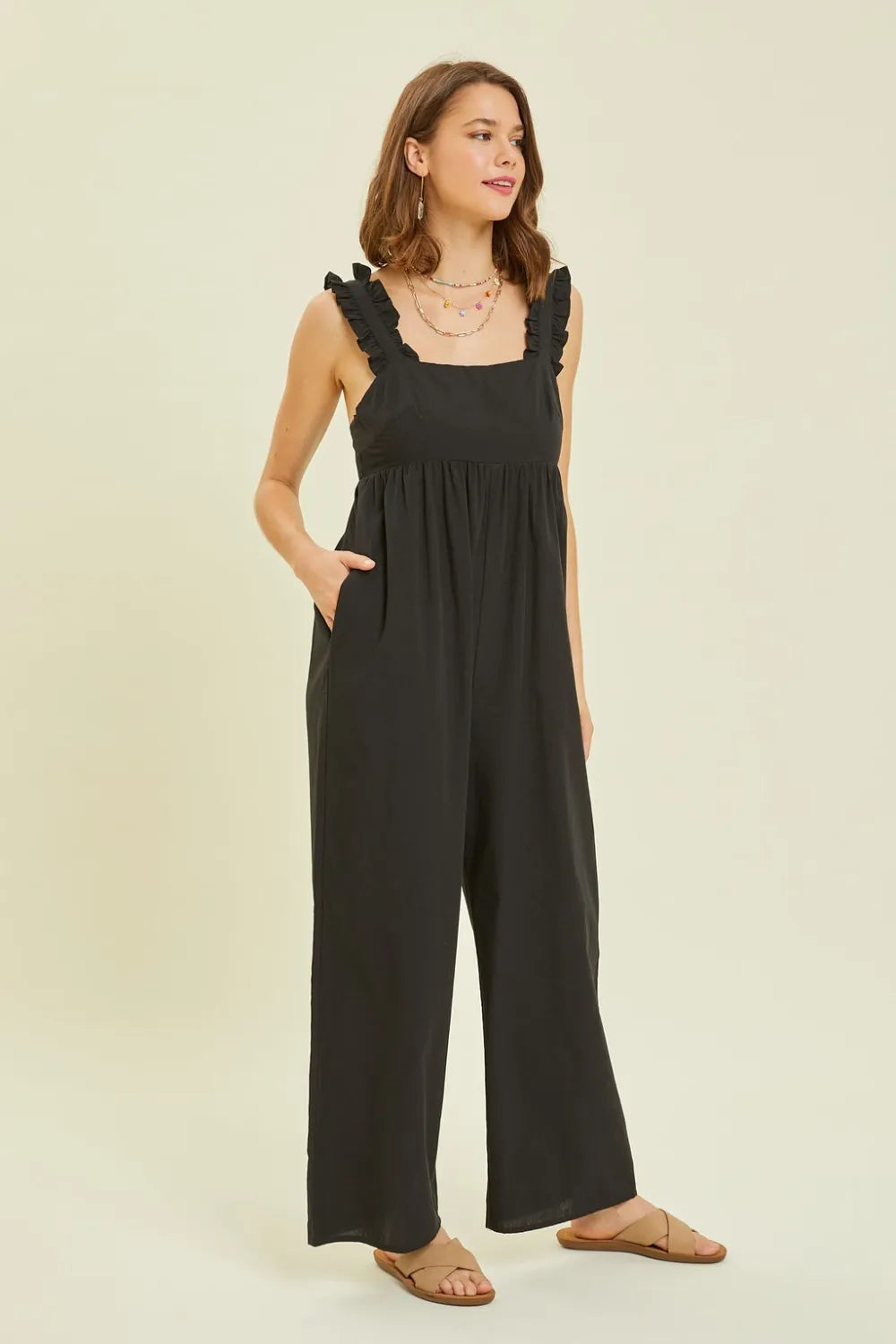 Black Heyson Full Size Ruffled Strap Back Tie Wide Leg Jumpsuit
