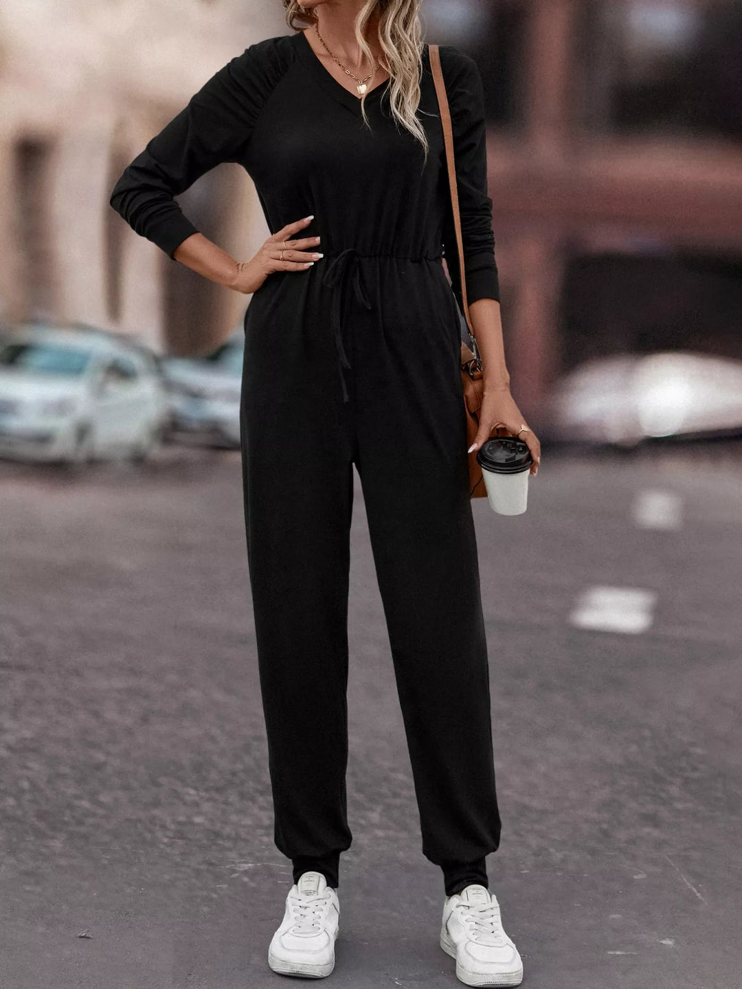Black Casual Long Sleeve Drawstring Waist Jumpsuit