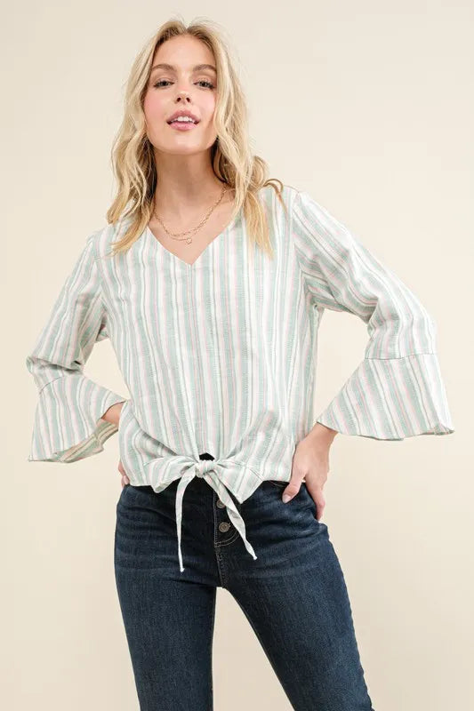 Dusty Mint And The Why Stripe Tie Knot Front Bell Sleeve Top