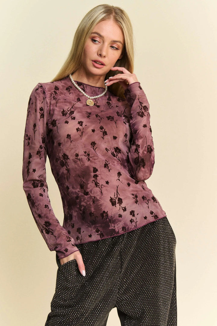 Burgundy Davi Dani Floral Mesh Long Sleeve Sheer Layering Top 1