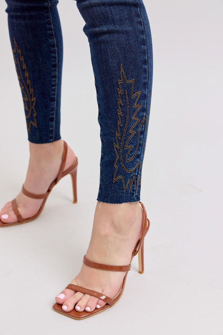 Dark Judy Blue Full Size Embroidered High Rise Skinny Jeans Plus Size