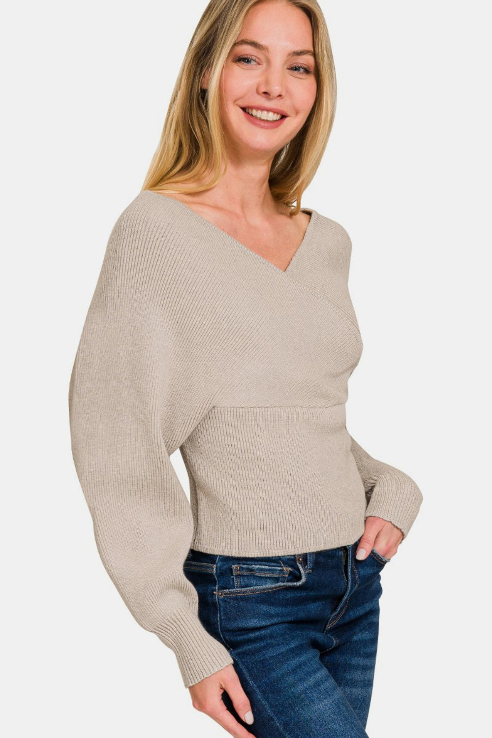 H Mocha Zenana Cross Wrap Rib Long Sleeve Sweater