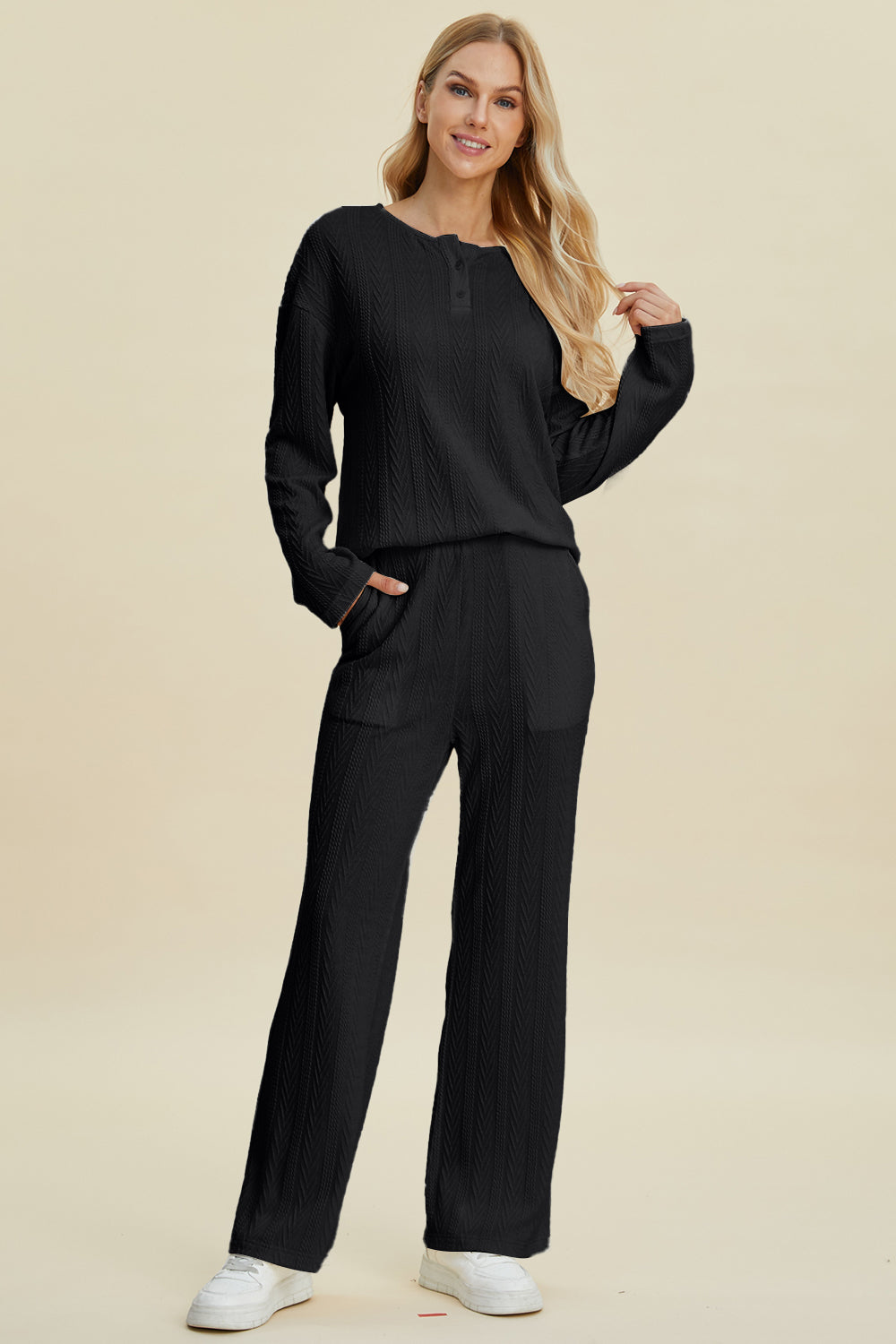 White Double Take Full Size Cable Knit Long Sleeve Top And Pants Set