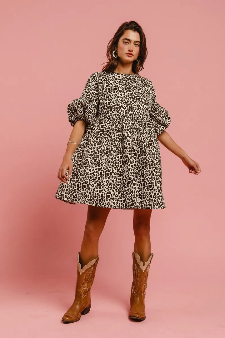 Bibi Leopard Denim Dress With Back Contrast Tie Detail