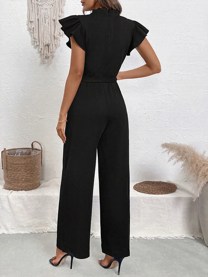 Black Pearl Detail Ruffled Cap Sleeve Jumpsuit