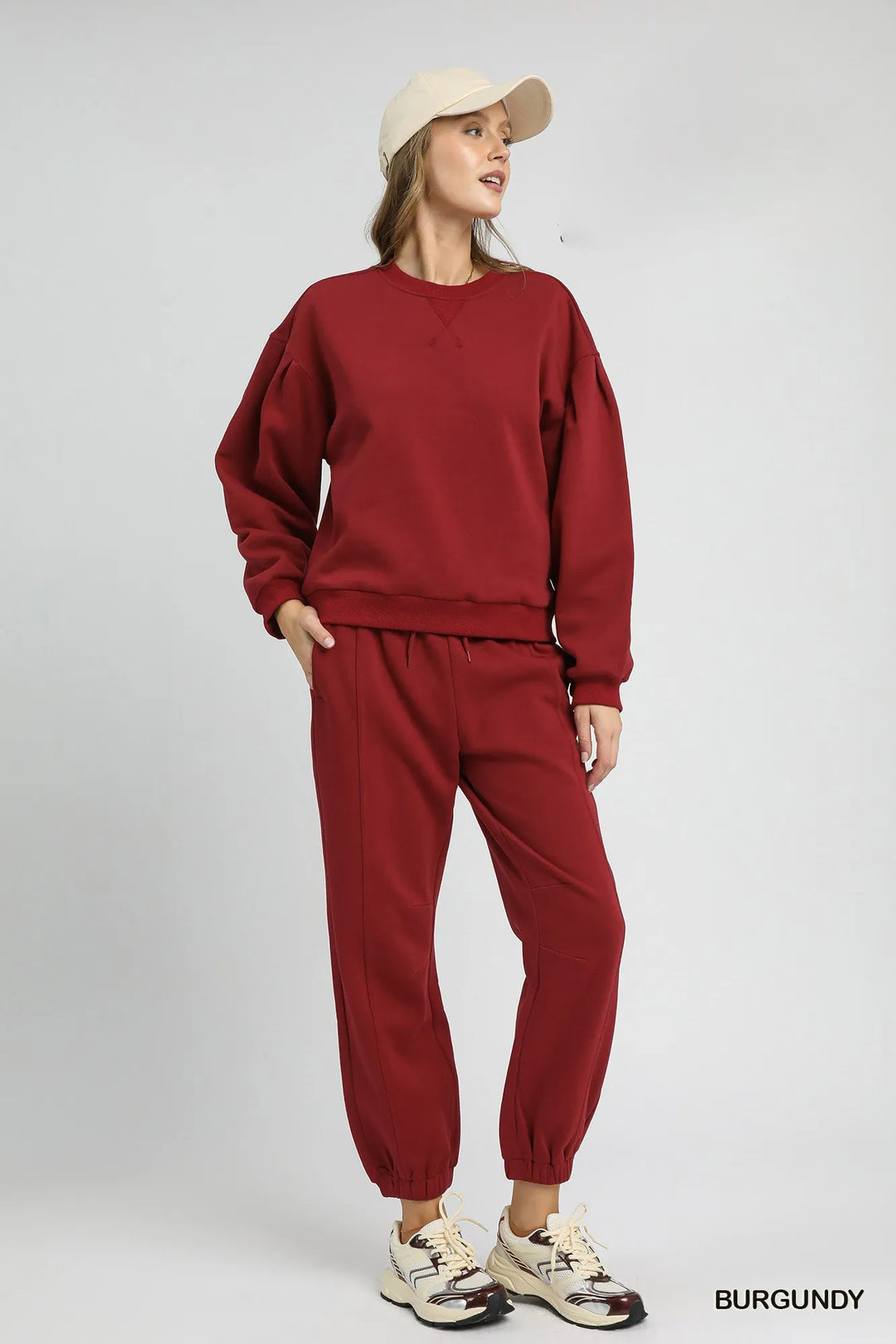 Burgundy Umgee Round Neck Sweatshirt With Pleated Detail 1