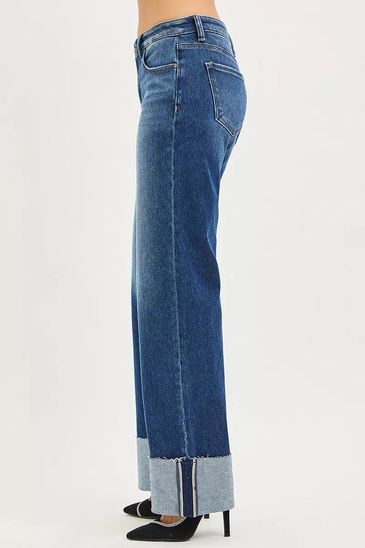 Dark Risen Mid Rise Wide Straight Jeans With Wide Cuff