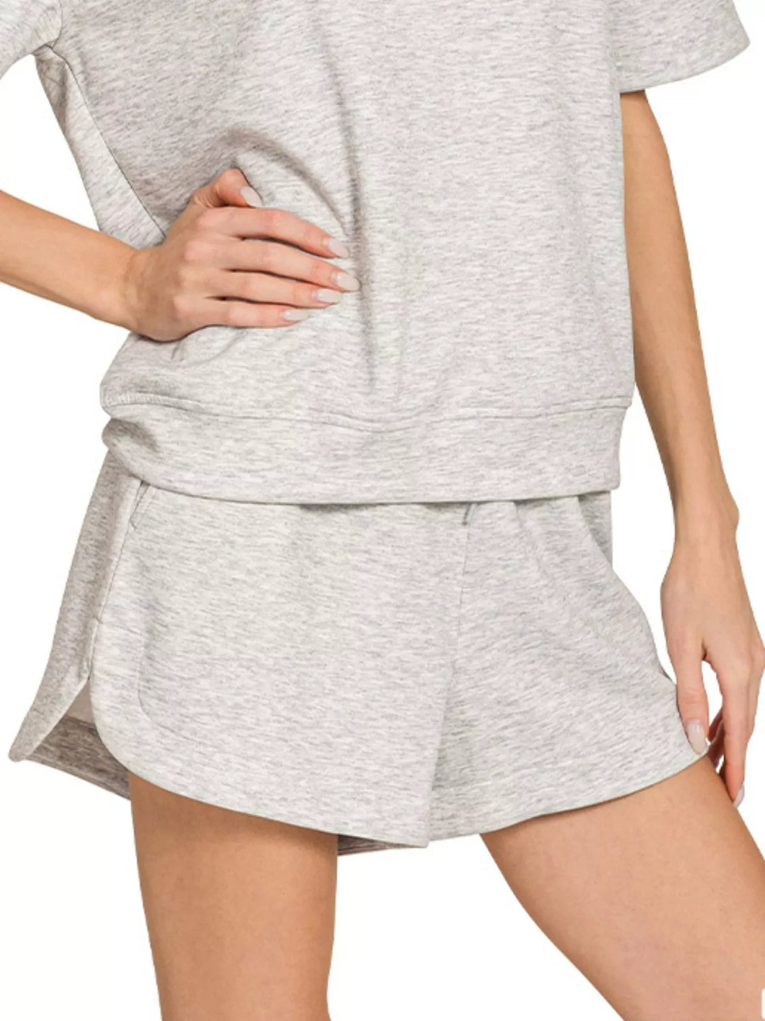 H Grey Zenana Scuba Short Sleeve Top Shorts Set 2