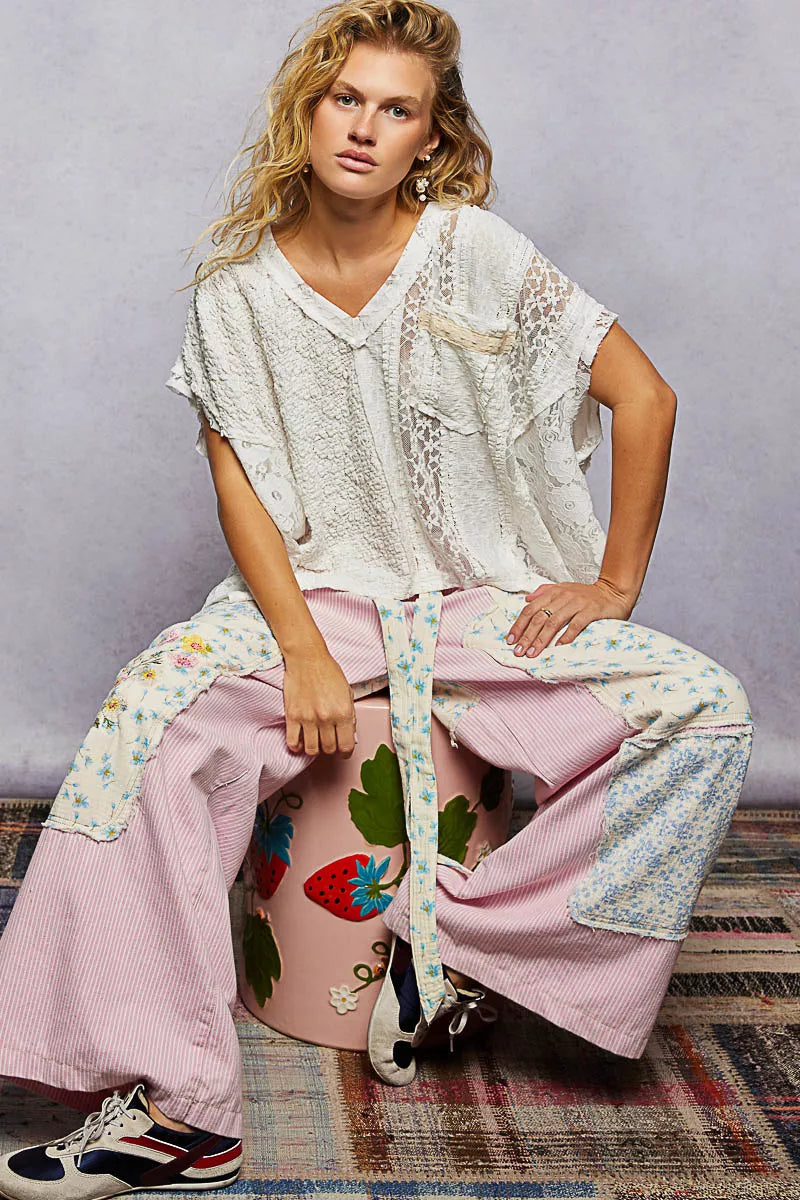 Offwhite Pol Asymmetrical V Neck Short Sleeve Lace Top 1