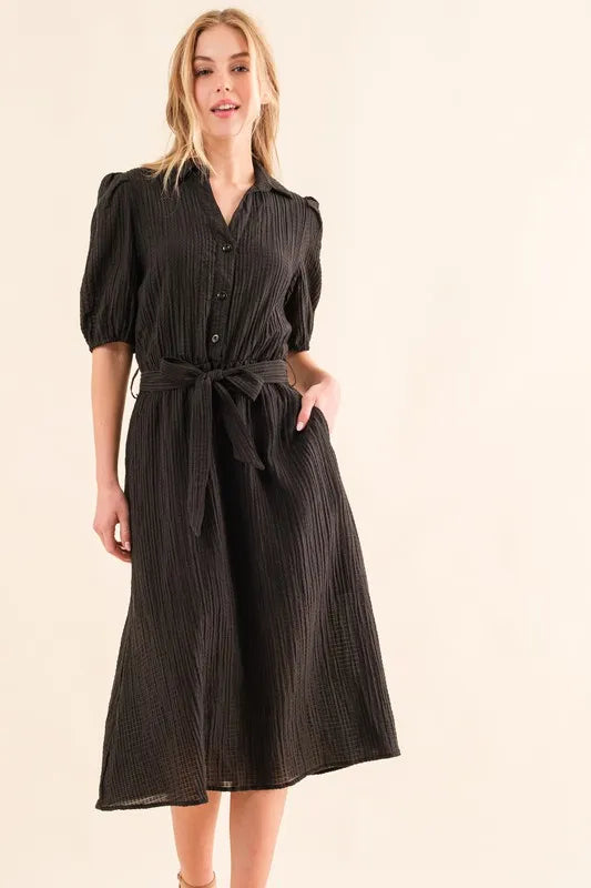 Black And The Why Waffle Textured Ribbon Waist Midi Dress