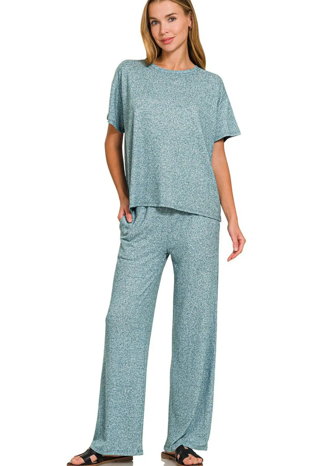 Teal Zenana Soft Melange Short Sleeve Tee Long Pants Set 4