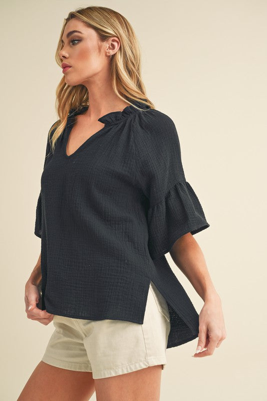 Black Aemi Co Side Slit Notched Ruffled Half Sleeve Blouse
