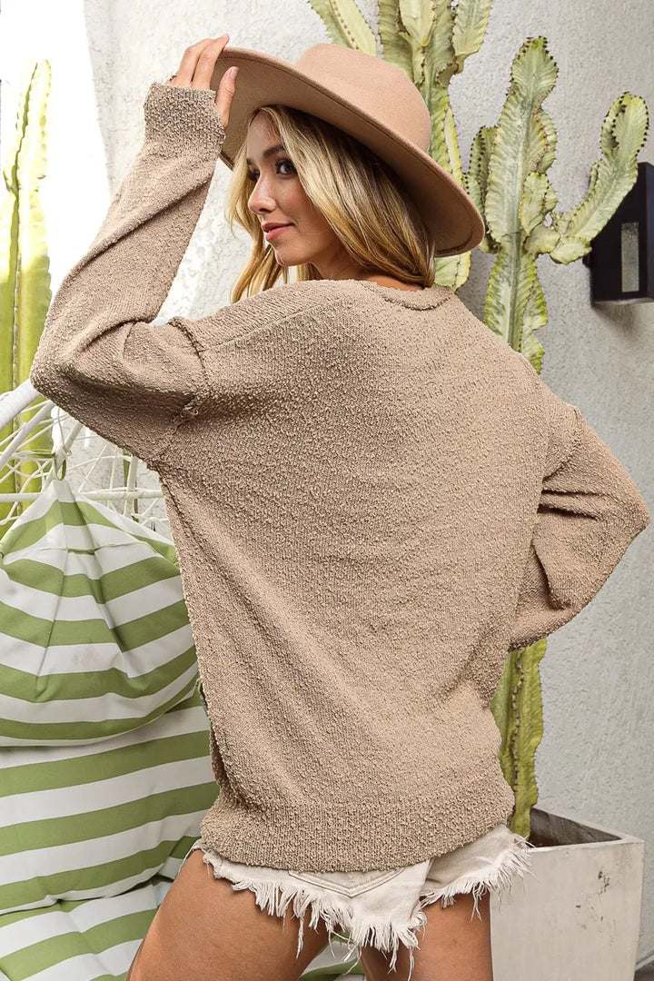 Bibi Raw Edged Popcorn Texture V Neck Sweater