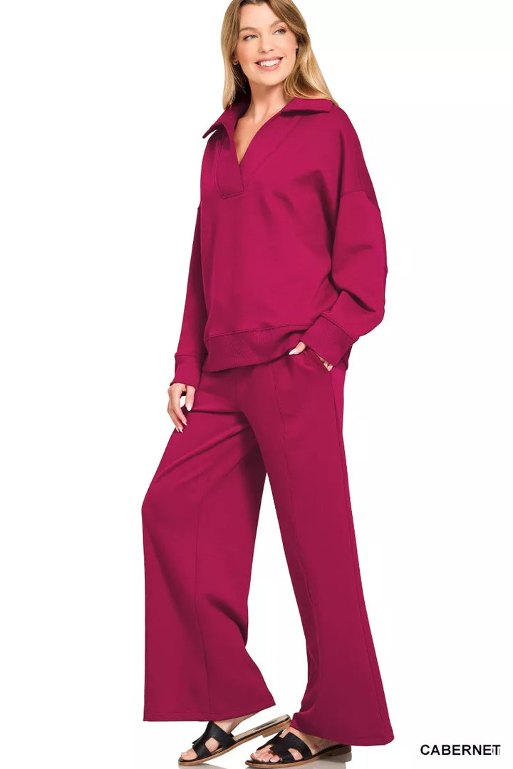 Cabernet Zenana Scuba Collared Pullover And Pants Set 1