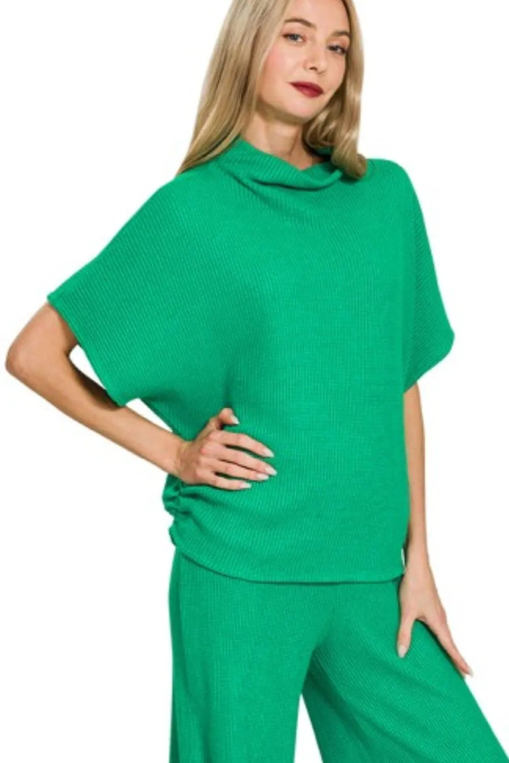 K Green Zenana Sweater Mock Neck Top Long Pants Set 3