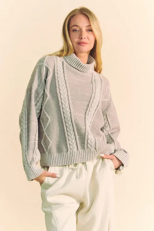 Gray Davi Dani Cable Knit Turtleneck Dropped Shoulder Sweater