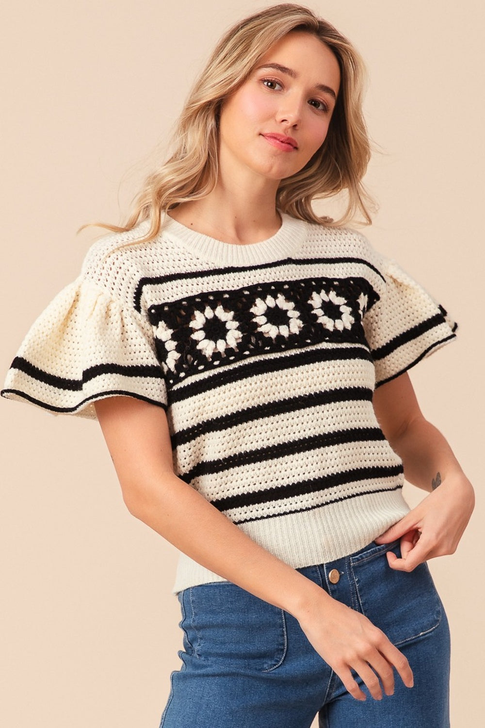 Ivory/Black Bibi Granny Square Short Sleeve Striped Sweater