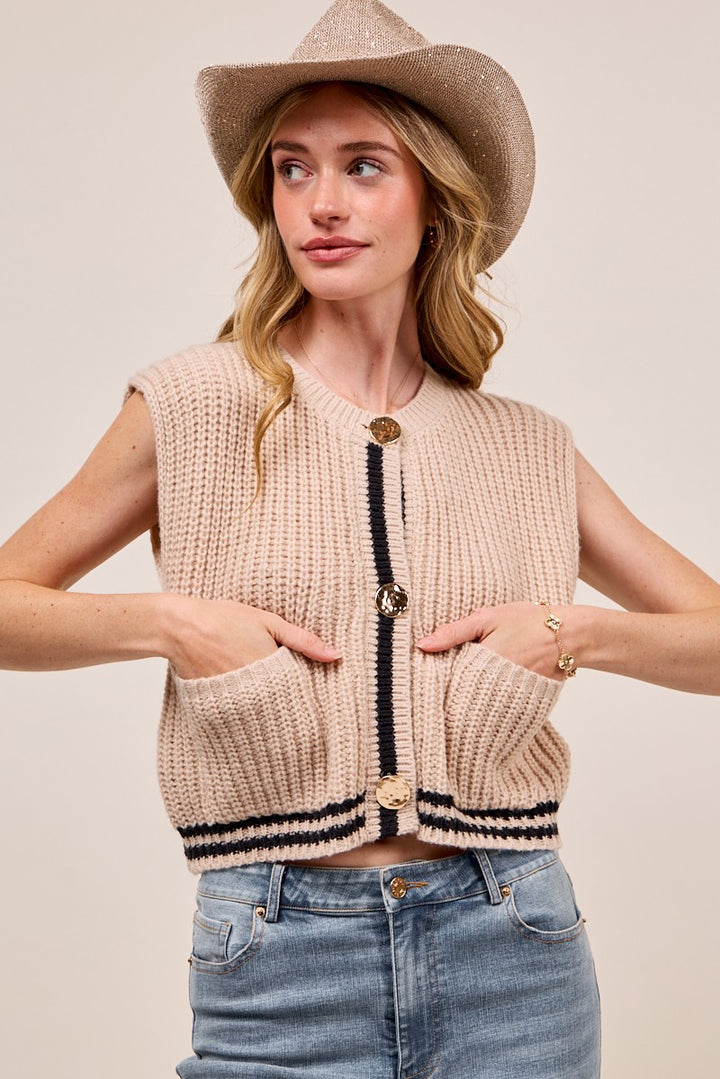 Oatmeal So Me Big Metal Button Front Stripe Edge Knitted Sweater Vest