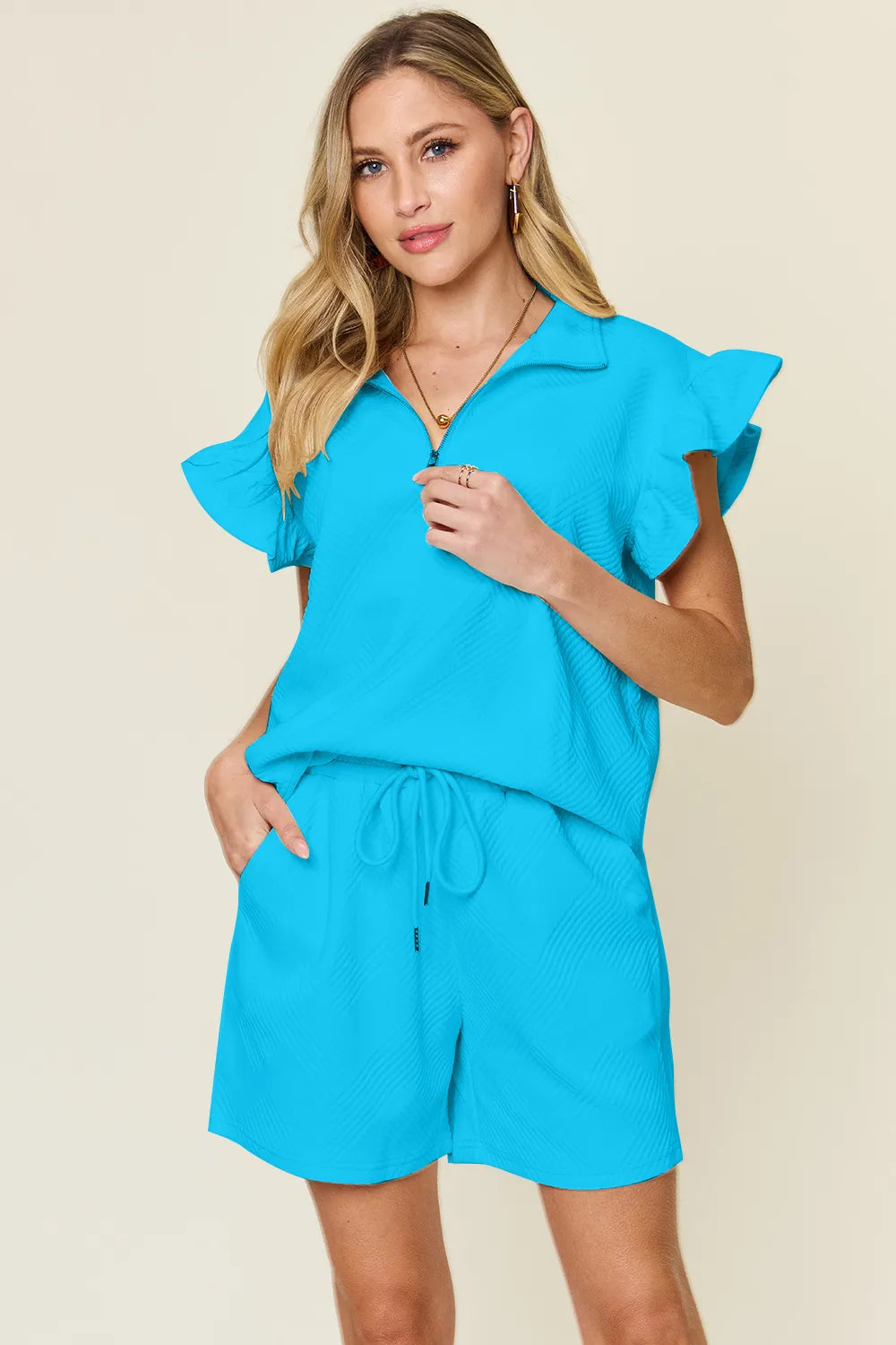 Deep Teal Double Take Full Size Texture Flounce Sleeve Top And Drawstring Shorts Set 1