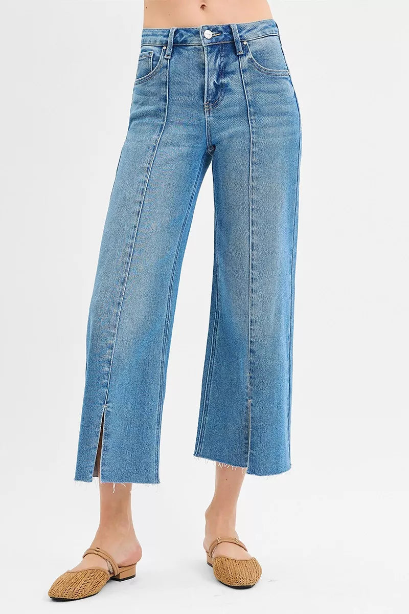 Medium Risen Tummy Control Mid Rise Crop Wide Front Slit Jeans