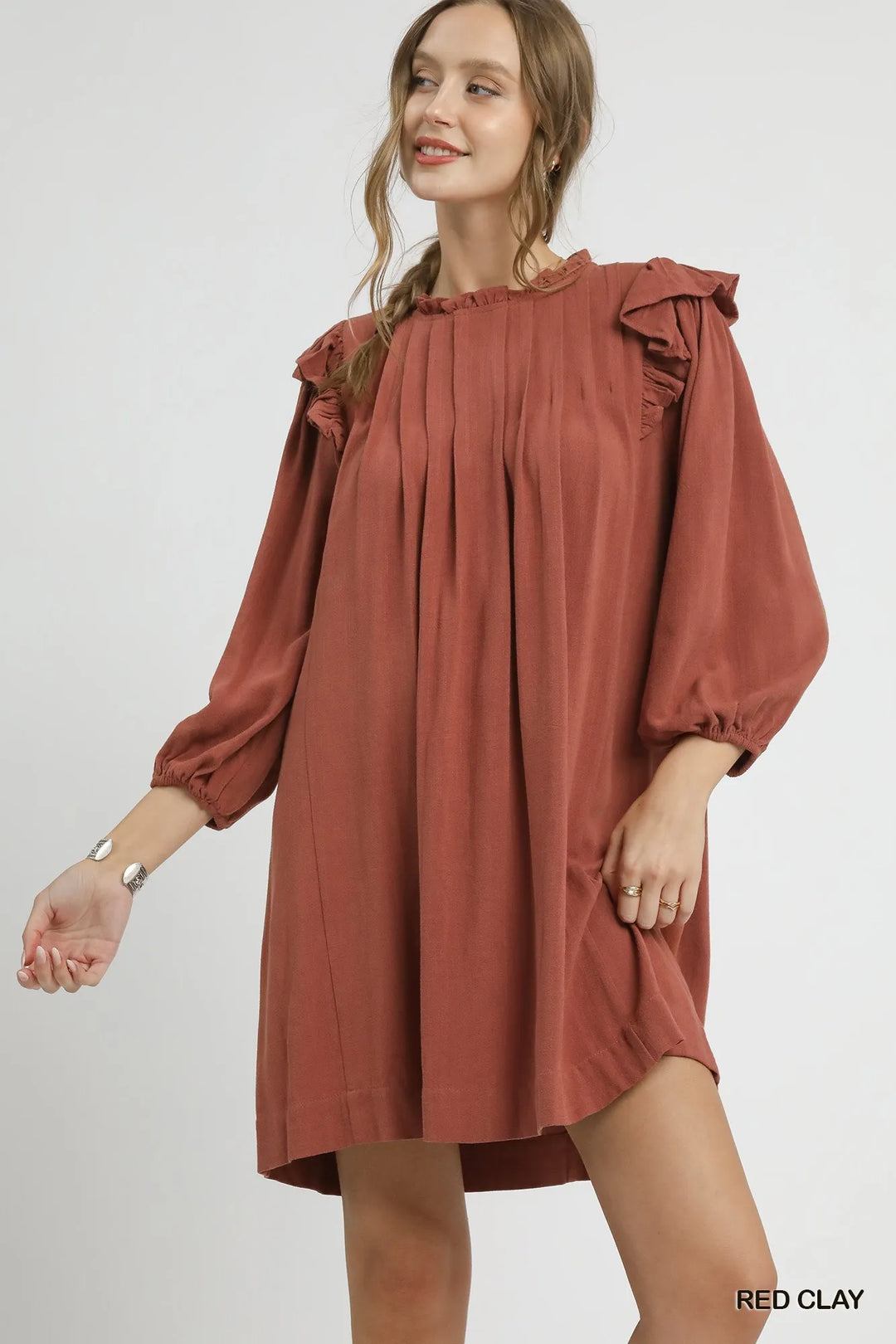 Red Clay Umgee Linen Ruffle Shoulder Pleated Babydoll Dress 1