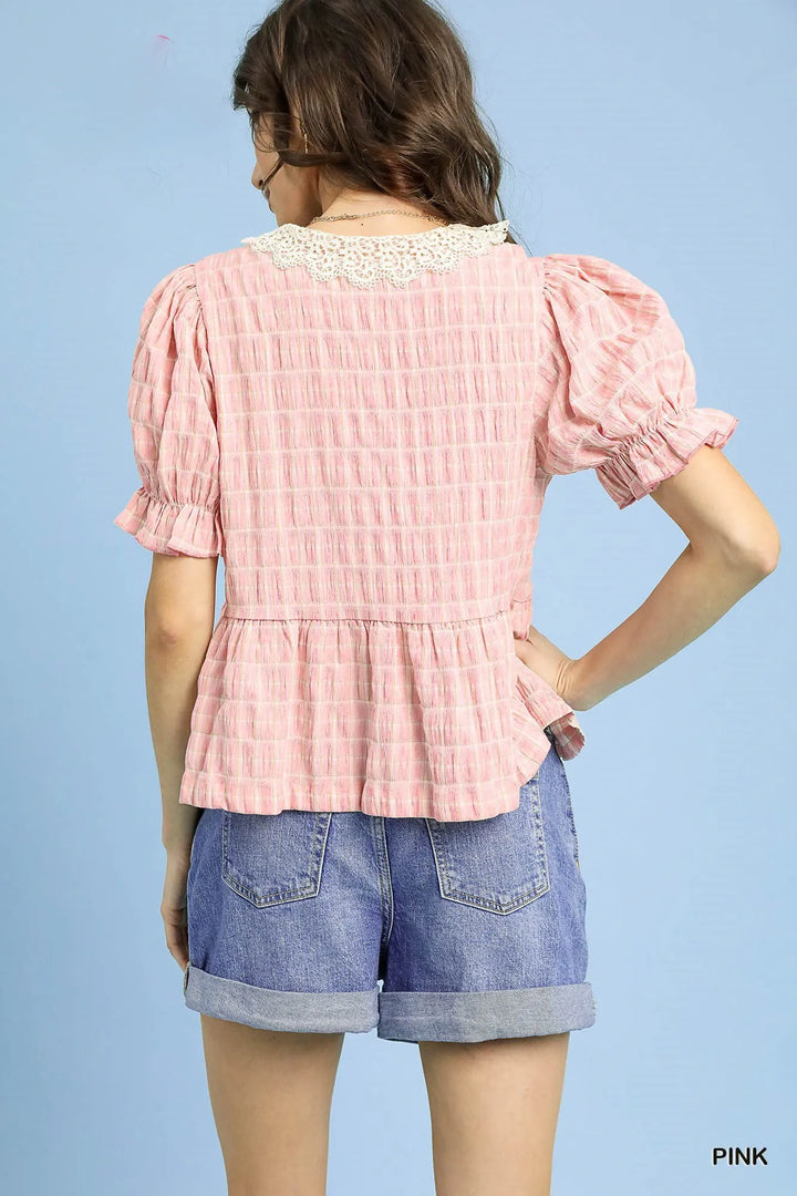 Pink Umgee Short Sleeve Gingham Lace Peplum Blouse