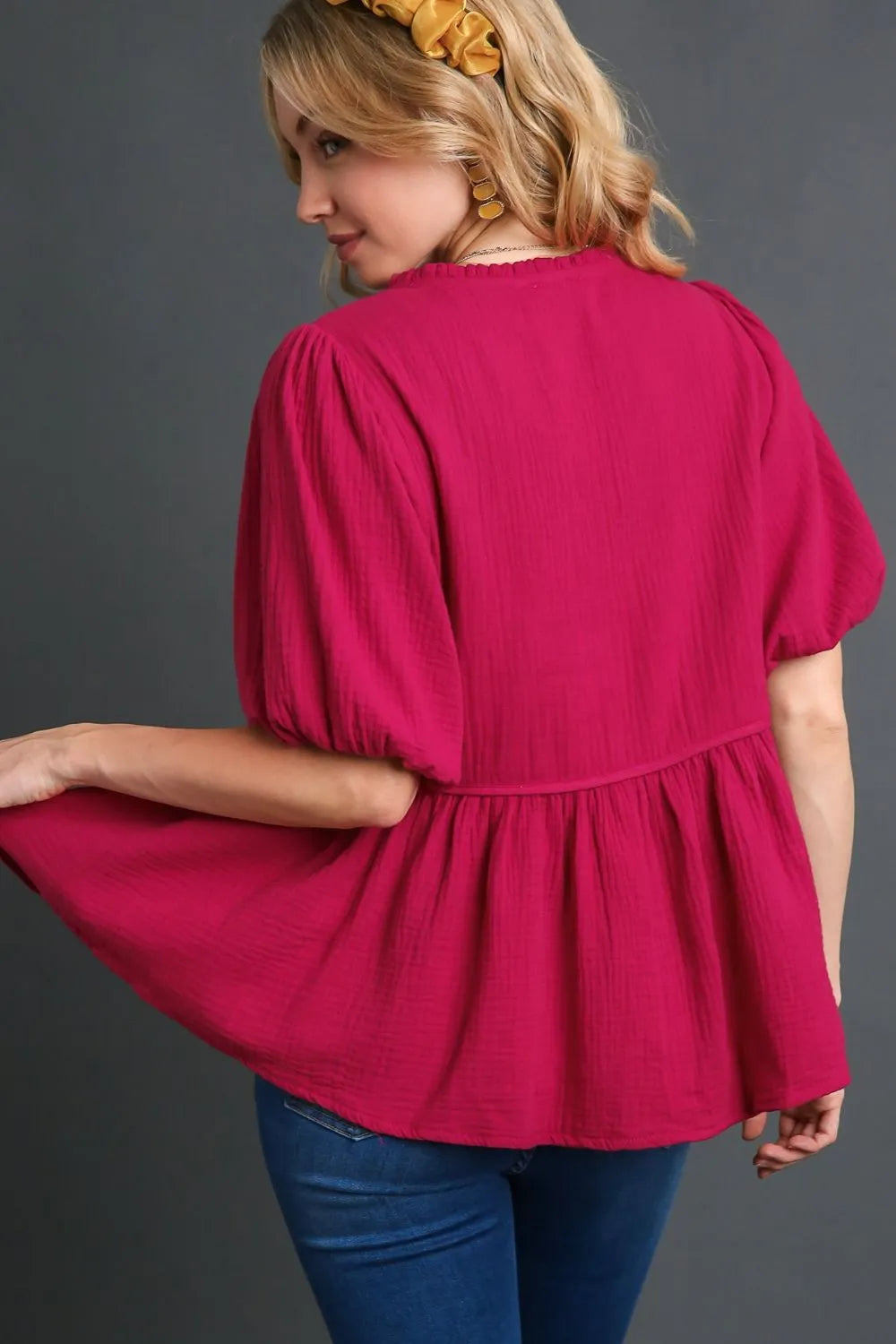 Deep Rose Umgee Full Size Cotton Gauze Floral Embroidery Babydoll Blouse Plus Size