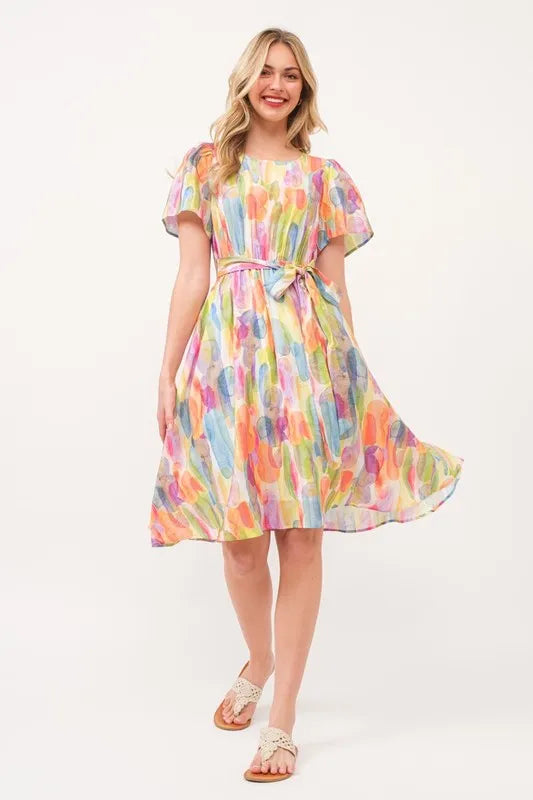 Orange Combo Lime N Chili Watercolor Print Tie Front Midi Dress