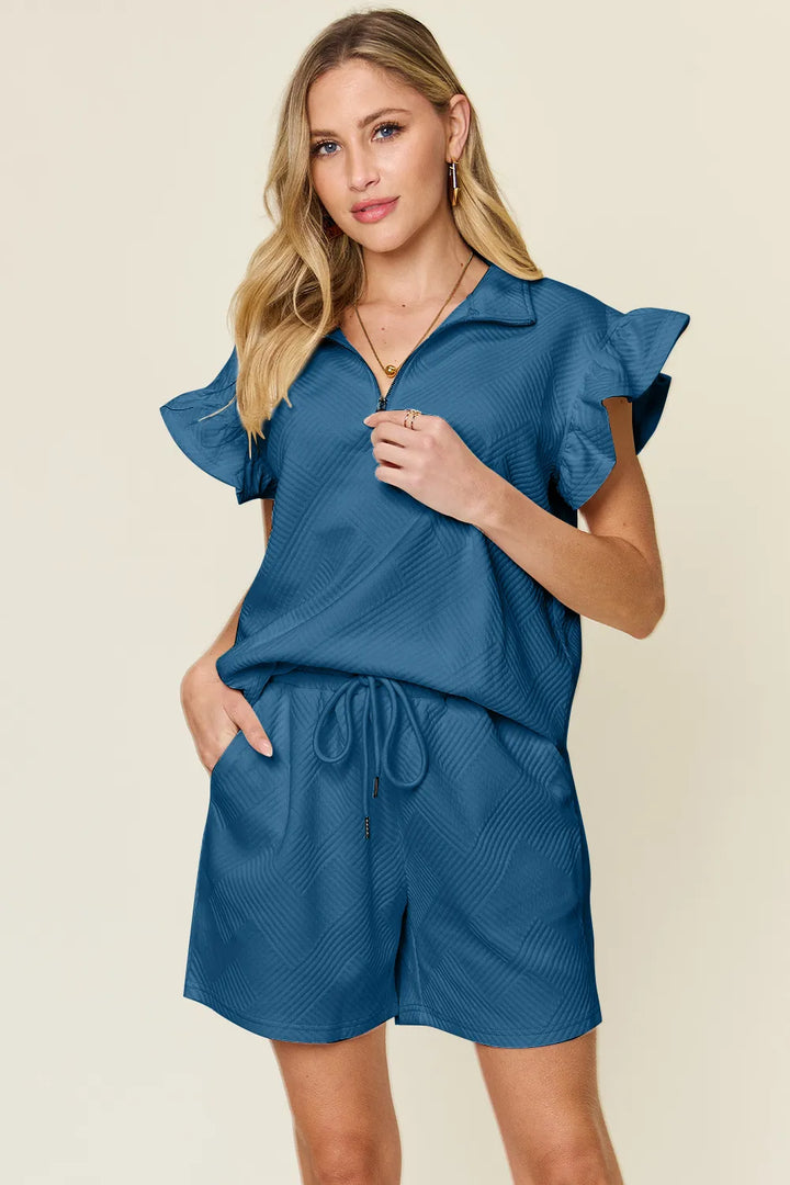Deep Teal Double Take Full Size Texture Flounce Sleeve Top And Drawstring Shorts Set 1