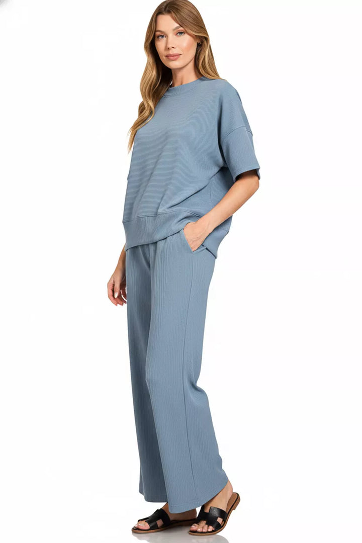 Dusty Blue Zenana Ribbed Round Neck Tee Pants Set 2