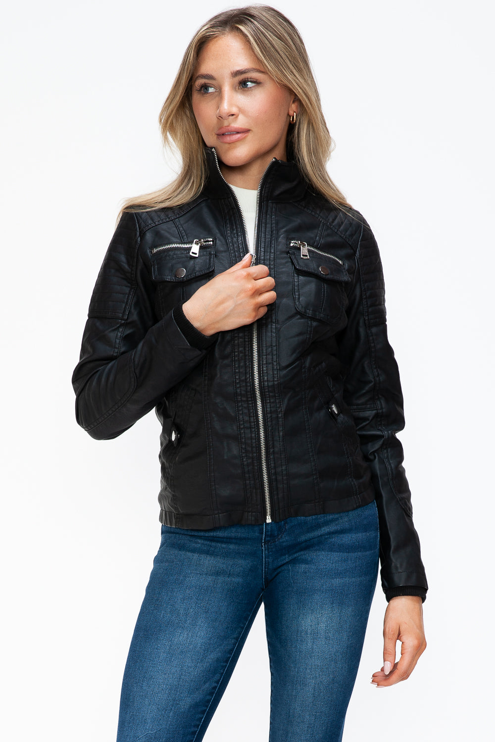 Ymi Removable Faux Layered Multi Pocket Jacket With Fuzzy Hood