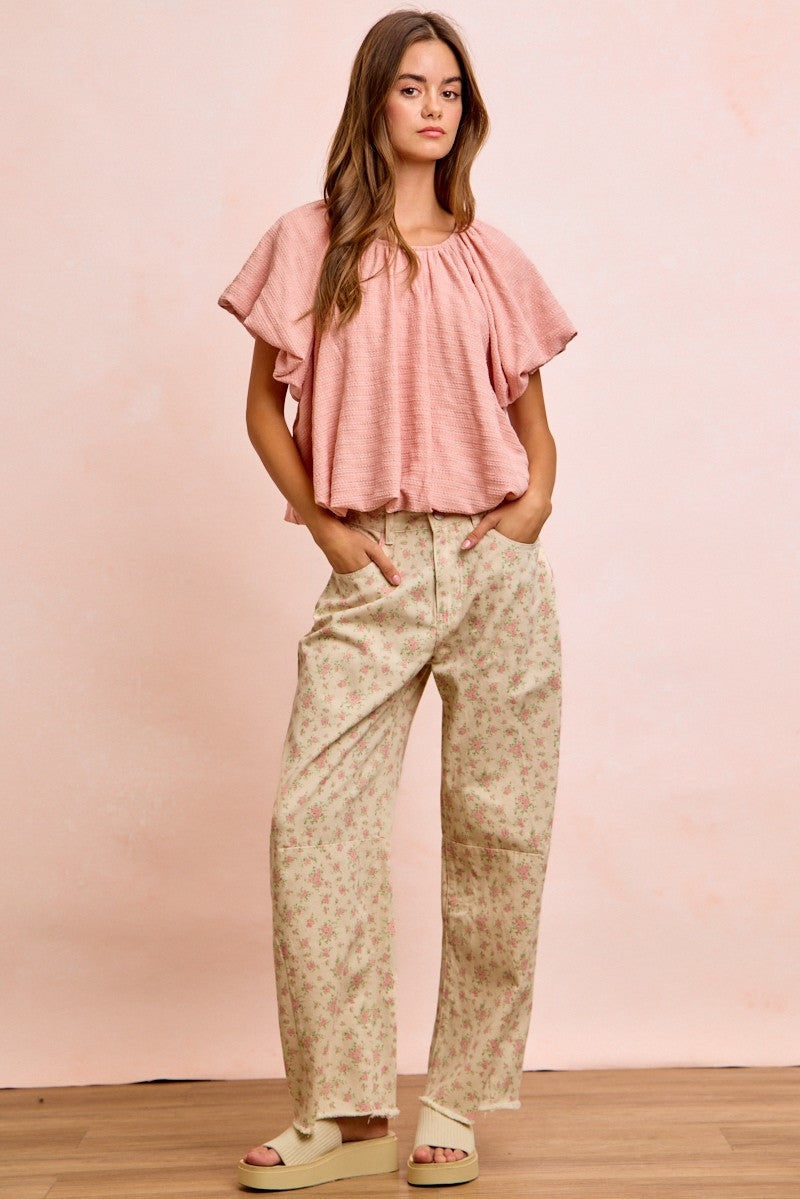 Bibi Stripes Textured Shirred Neckline Bubble Hem Top