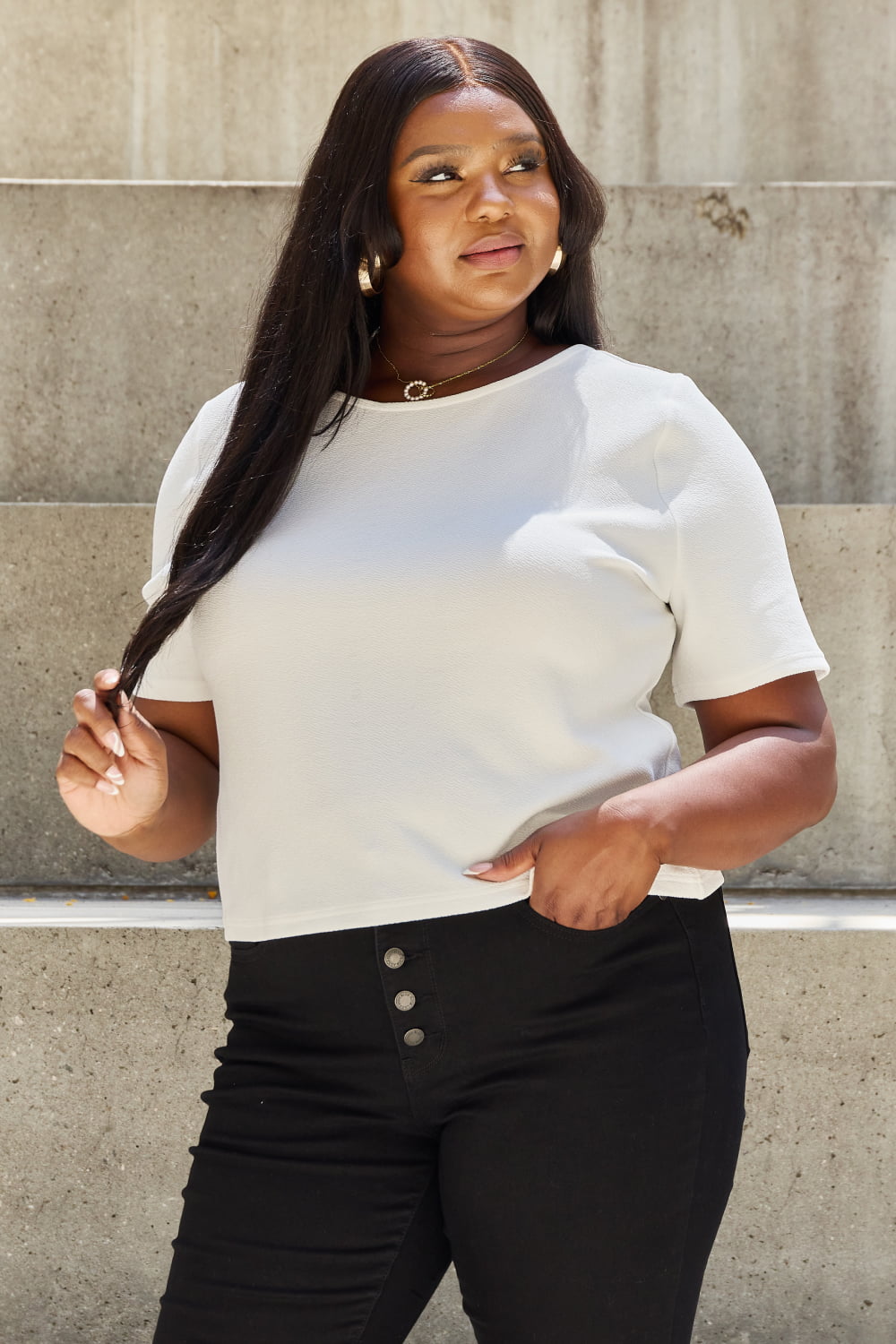 And The Why Pearly White Full Size Criss Cross Pearl Detail Open Back T Shirt
