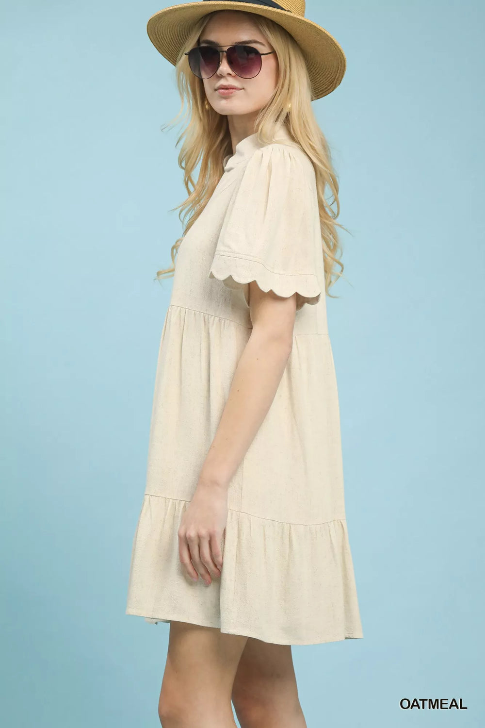 Oatmeal Umgee Linen Tiered Babydoll Dress With Scalloped Sleeves 2