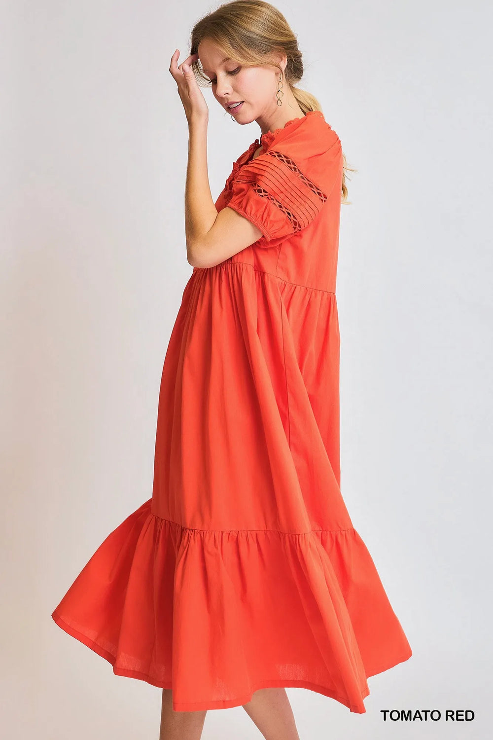 Tomato Red Umgee Short Sleeve Lace Trim Ruffled Midi Dress