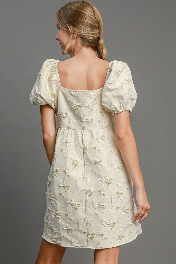 Cream Umgee Heart Jacquard Square Neck Puff Sleeve Mini Dress