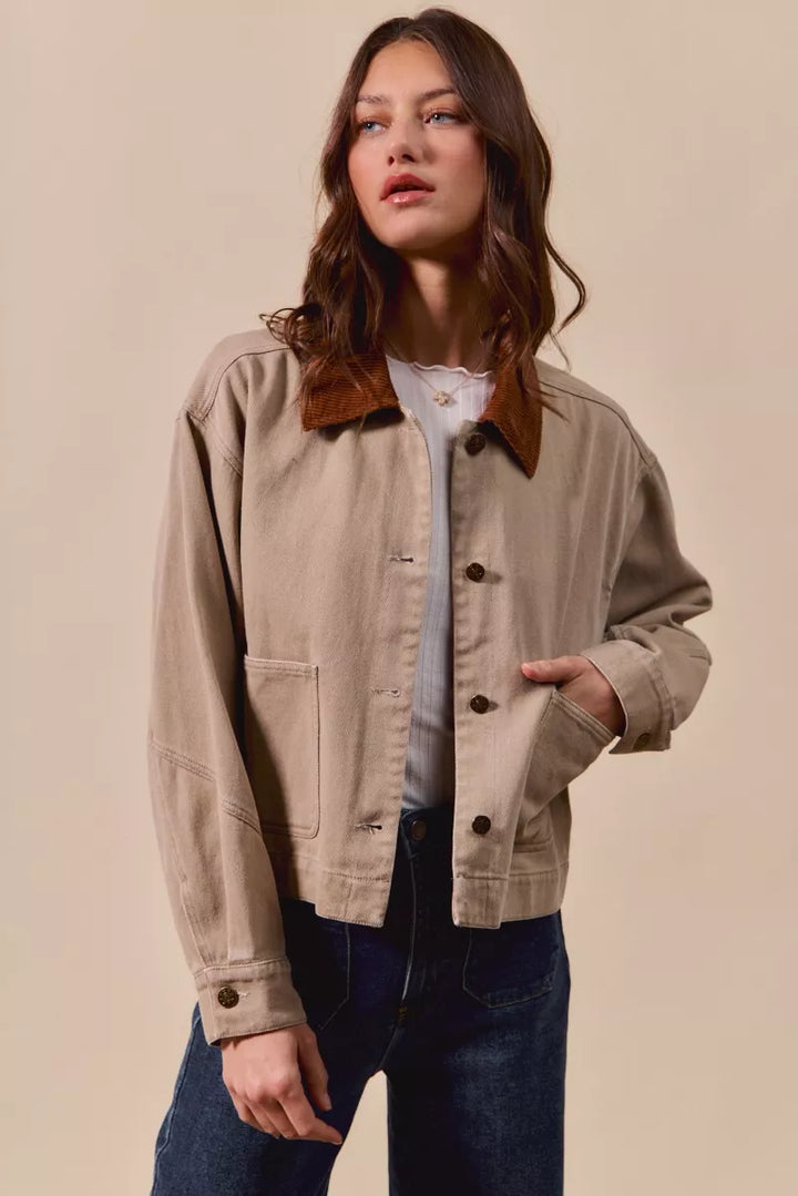 So Me Cotton Twill Cropped Barn Jacket Wtih Collar