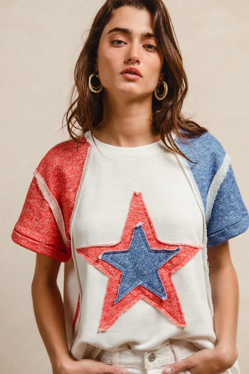 Bibi Contrast French Terry Cut Edge Detail Fourth Of July Theme T Shirt