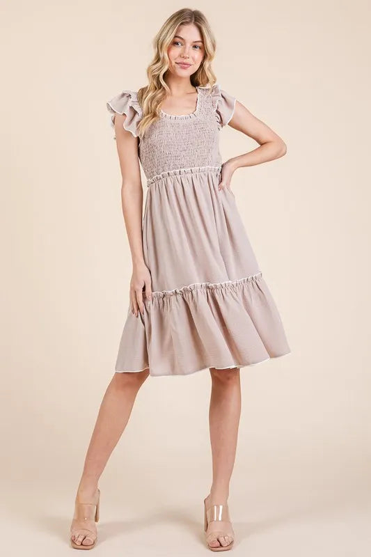 Taupe Lime N Chili Ruffle Trim Smocked Dress With Contrast