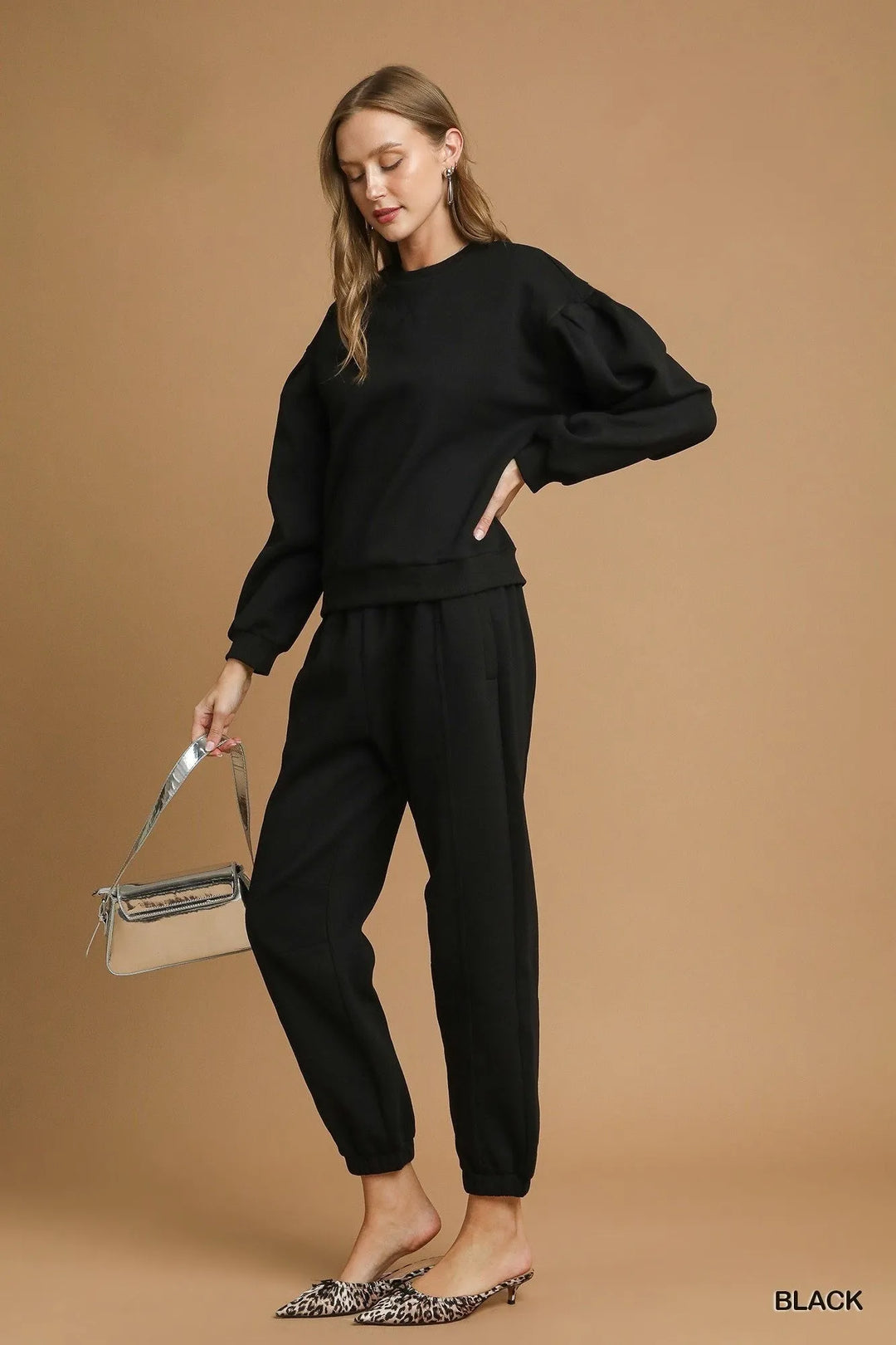 Black Umgee Fleece Jogger Pants With Drawstring