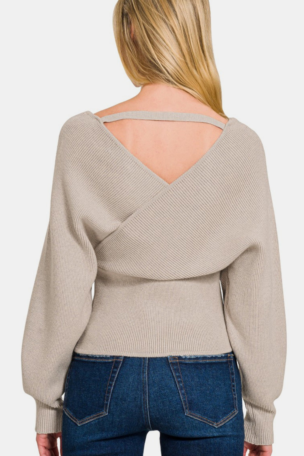 H Mocha Zenana Cross Wrap Rib Long Sleeve Sweater