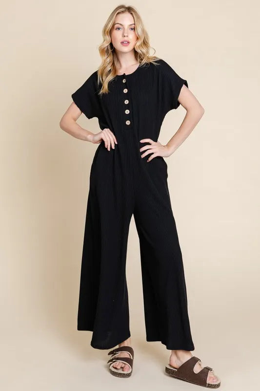 Black Bombom Rib Knit Jumpsuit With Button Detail 3