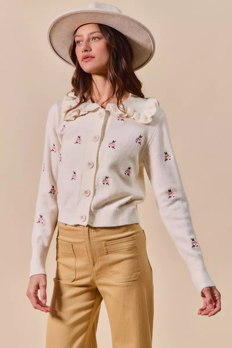 Cream Multi So Me Collared Floral Embroidered Button Down Sweater Cardigan