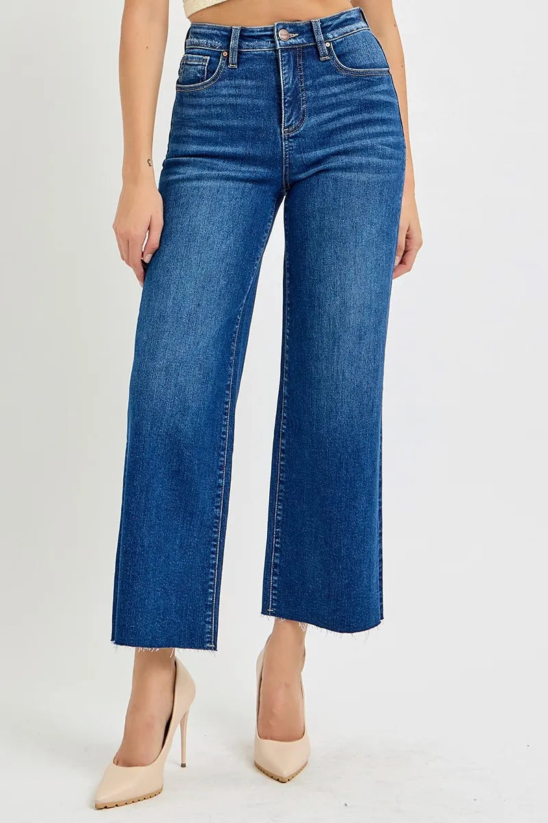 Dark Risen Full Size Tummy Control High Rise Wide Crop Jeans Plus Size