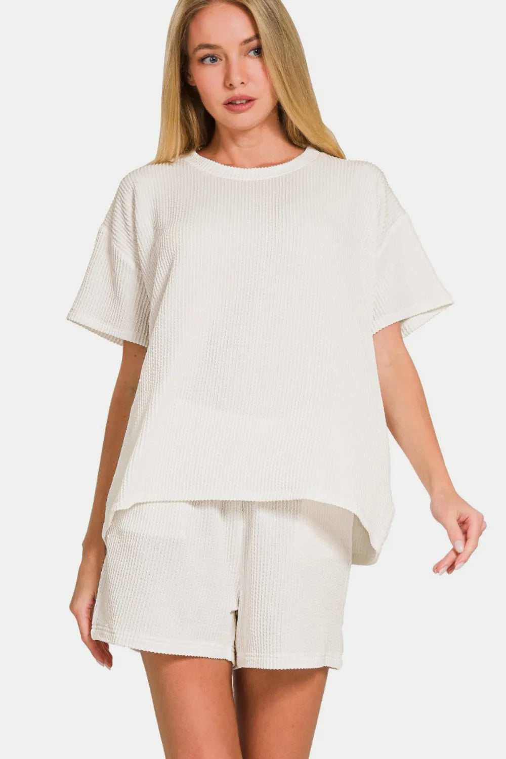 Off White Zenana Rib Short Sleeve T Shirt And Shorts Set